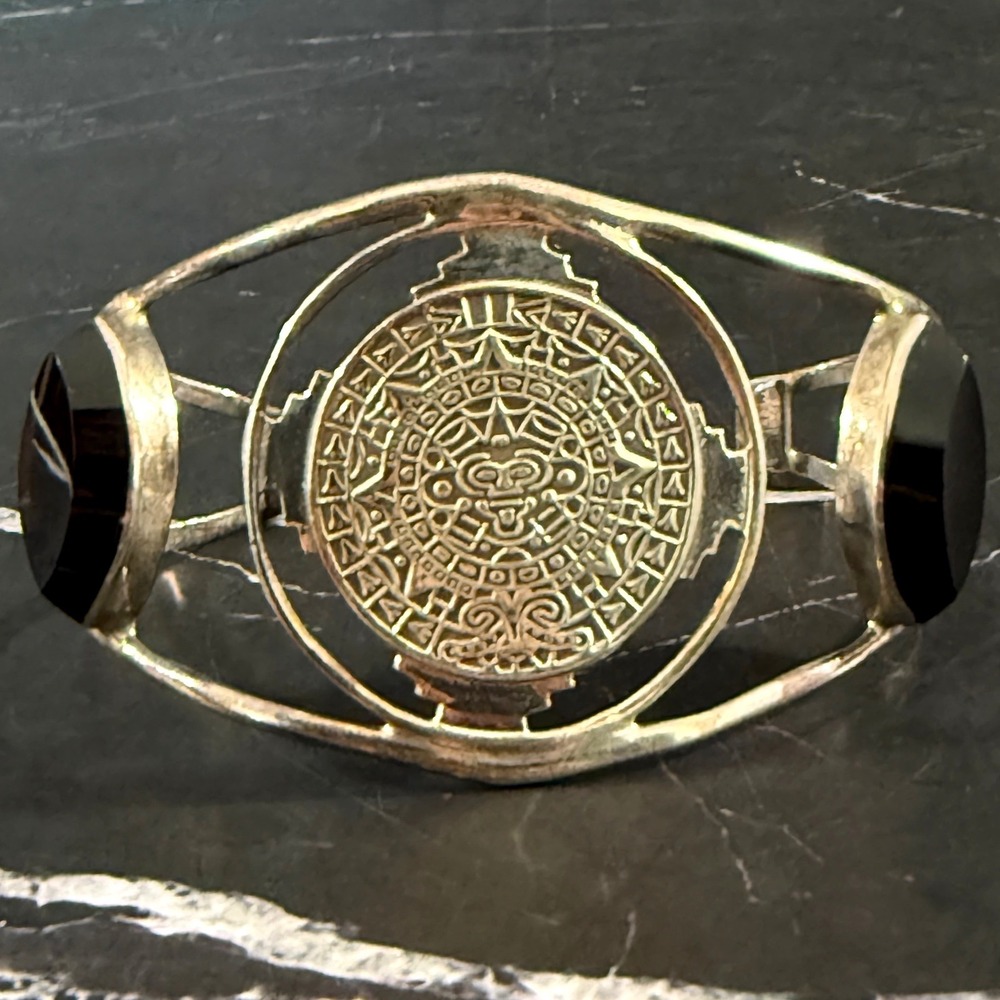 Sterling Silver Cuff Bracelet Aztec Mayan Medallion Calendar w/ Black Stones